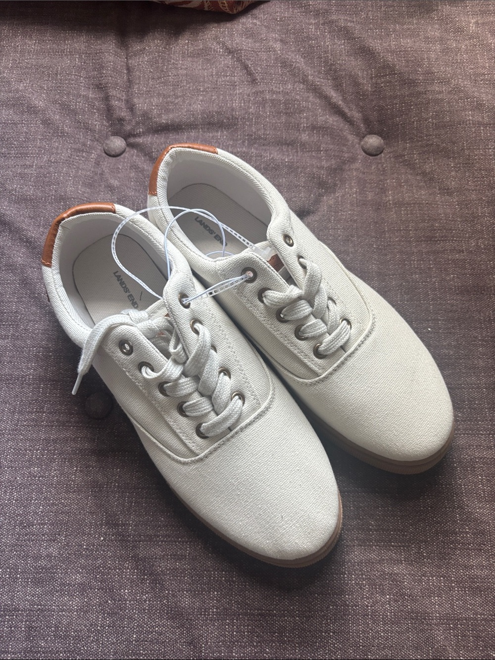 NWT Lands' End Off-White Canvas Lace-Up Sneakers with Tan Heel Tab